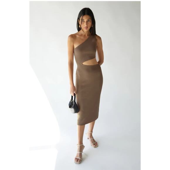 Oak + Fort One-Shoulder Knit Midi Dress with Cutout – Brindle, Size Small - Picture 1 of 9